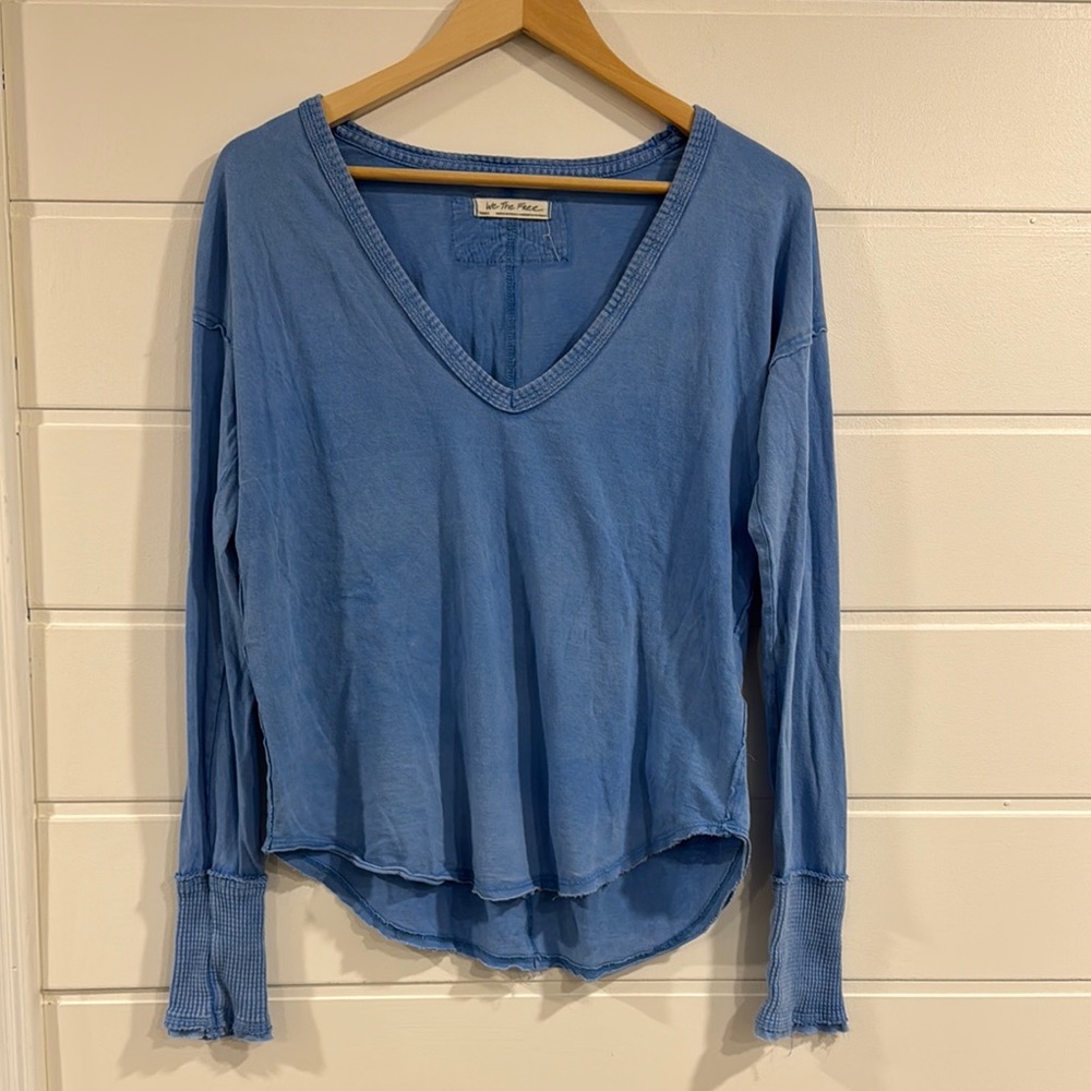 Free People Blue V-Neck Long Sleeve Top